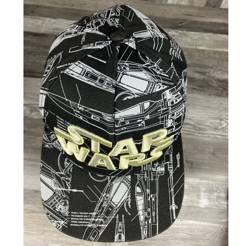 Star Wars ThinkGeek X-Wing Blueprint Snapback Hat Black Gold Logo Cap